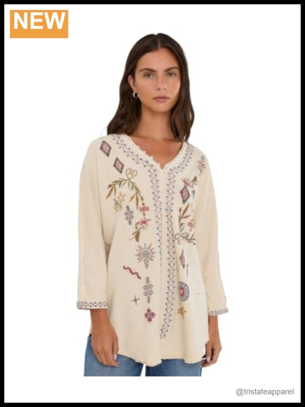 Women's Cotton V-Neck 3/4 Sleeve Blouse Relaxed Fit